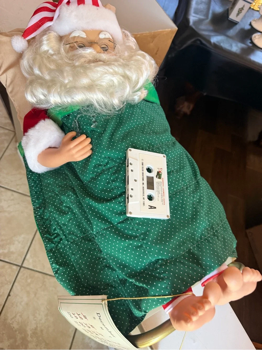 Animated Sleeping Santa Doll in Green and Red - Holiday Decor